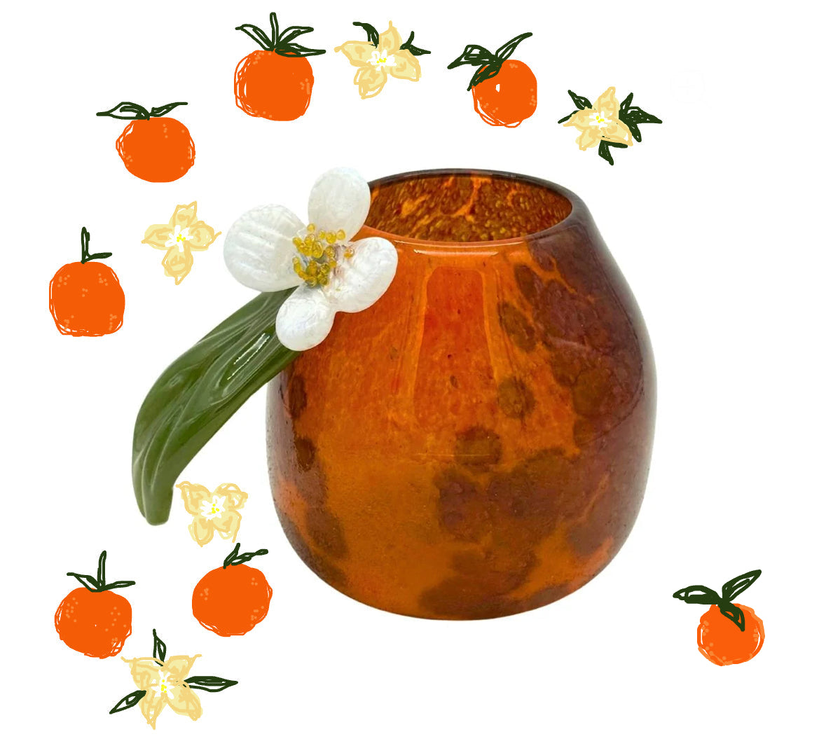 Orange hand blown drinking glass with a white flower. Handblown fruit cup.