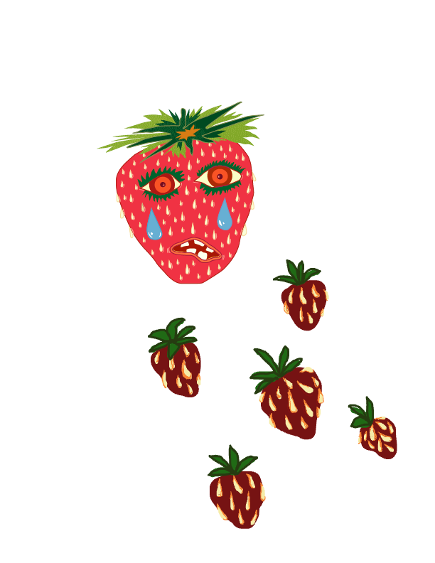 Digital drawing of a stressed out and sad 
strawberry by emilyjeanart.